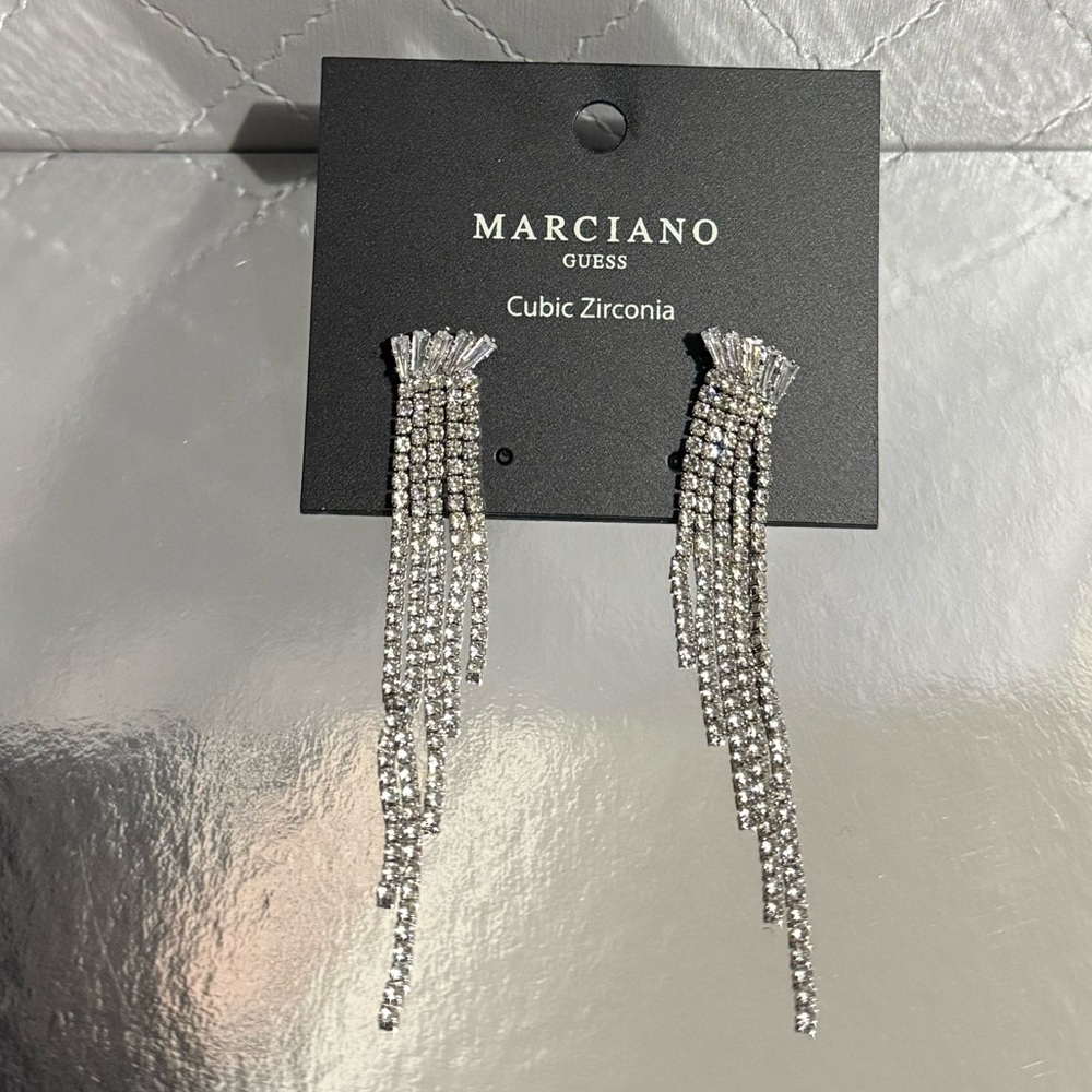 (NEW) MARCIANO Silver Cubic Zirconia Diamond Dangle Earrings